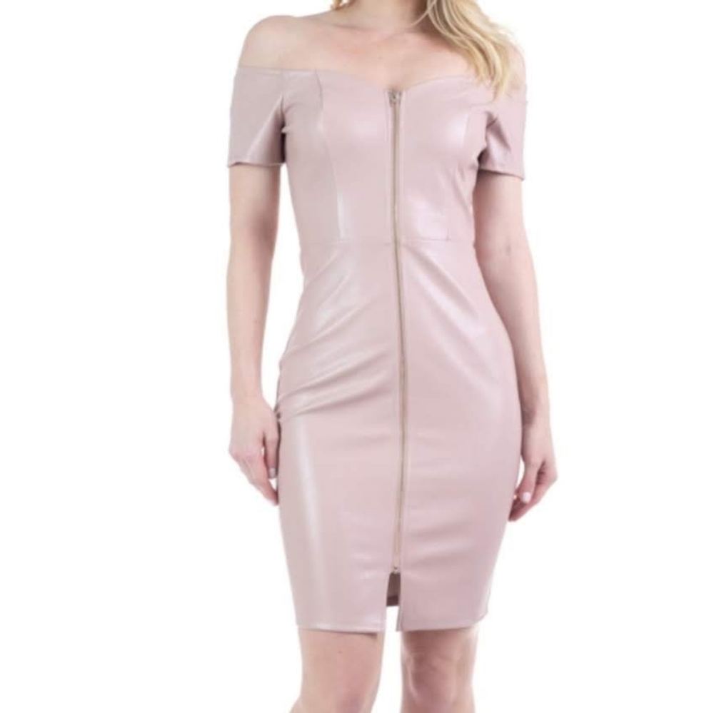 Faux Leather Front Zipper Point Dress